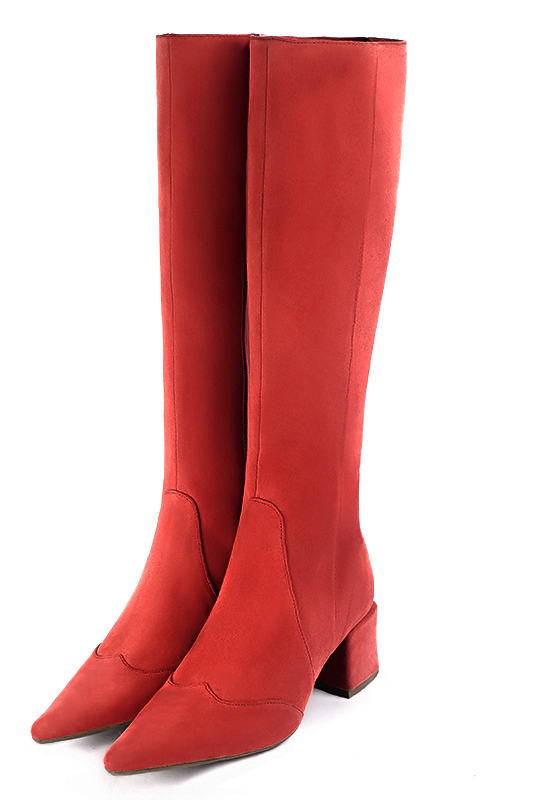 Scarlet red women's feminine knee-high boots. Pointed toe. Medium block heels. Made to measure. Front view - Florence KOOIJMAN